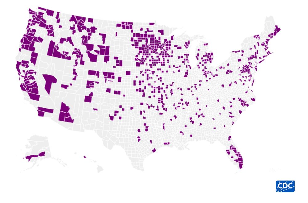 Map of US counties with infected birds from H5N1