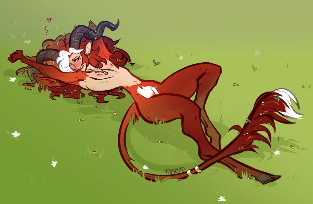 a red-haired and furred satyr man lying stretched out pinup style in a field of grass