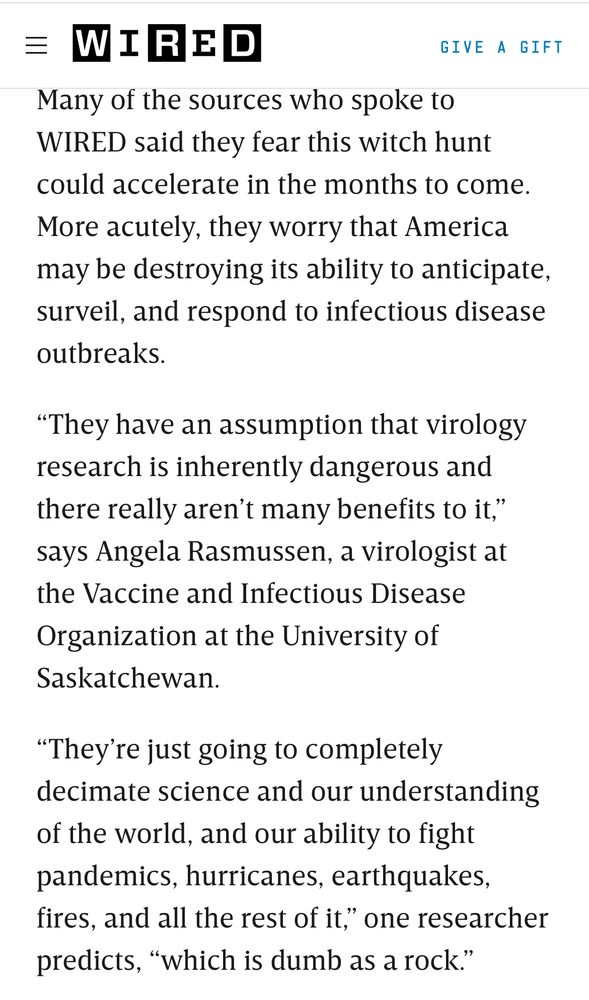 Screen shot from Wired article on how the Trump admin plans to destroy our capacity to study viruses. 