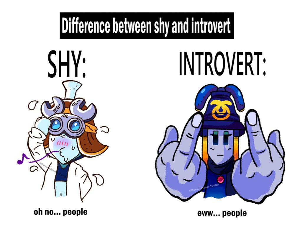 The top of the image has the text "Difference between shy and introvert". The right has Technikki shaking a little with sweat drops, with text at the bottom saying "oh no... people". The right has Cozette puling up two middle fingers, with text at the bottom reading, "Eww... people". 

The art is based on a popular meme template.