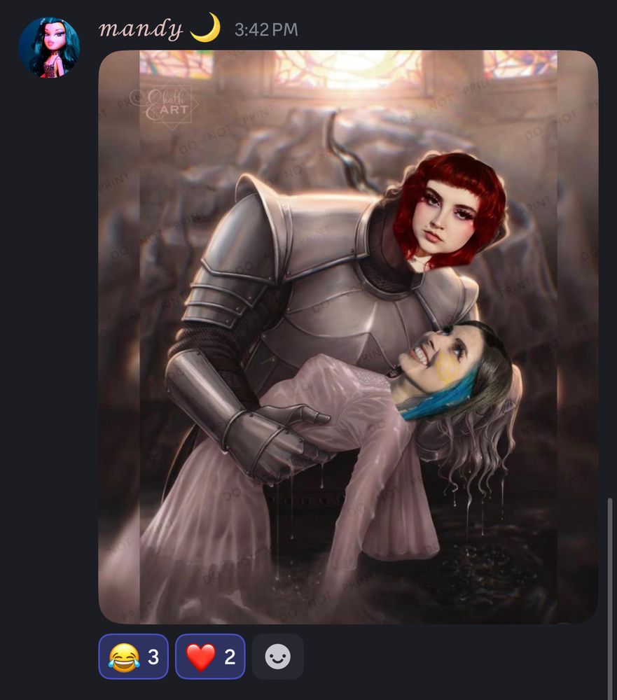 Screenshot from when Mandy made an edit of her face and Rory’s face over the faces of Sybil and Rory in fan art from The Knight and The Moth and dropped it in discord 