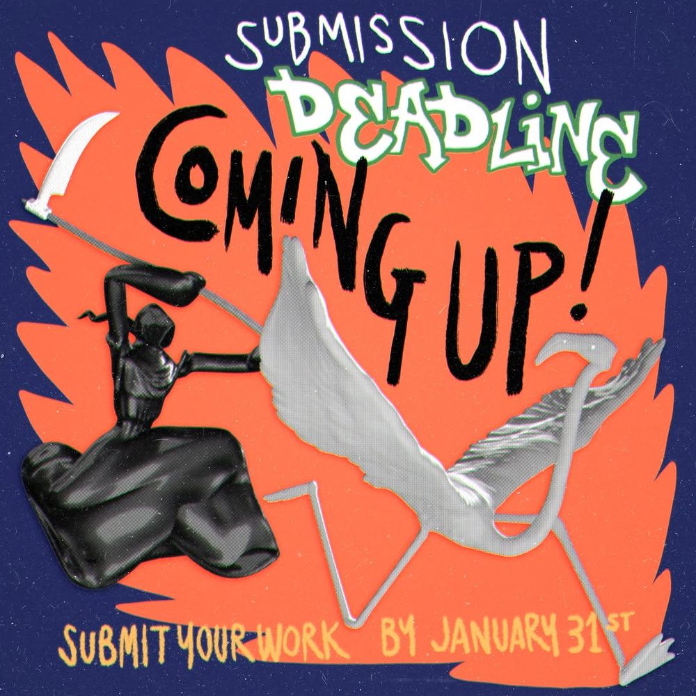 A MAZE. Awards 2025 Submission Deadline Coming Up! Submit your work by January 31st. Image shows a cartoonish version of the grim reaper chasing a flamingo with his scythe.