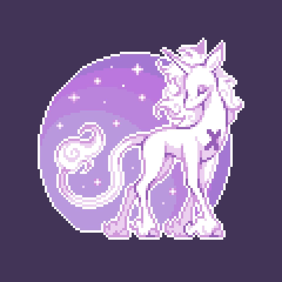 Pixel art. A white unicorn with a cross on its chest.