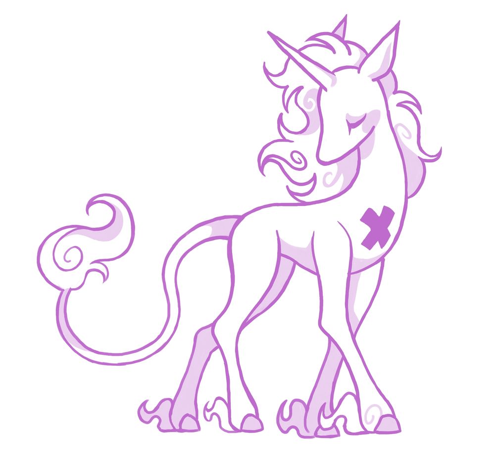 A white unicorn with a cross on its chest.