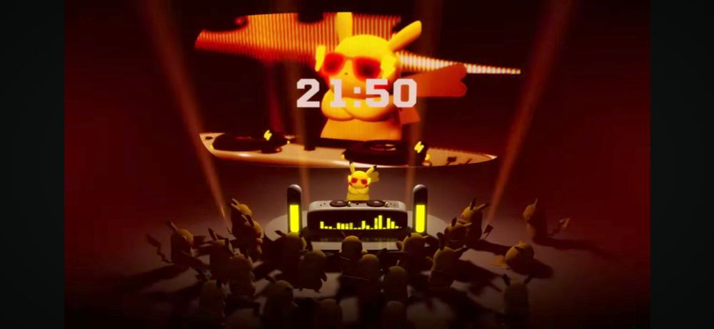 DJ Pikachu folds his arms while playing music for other Pikachu.