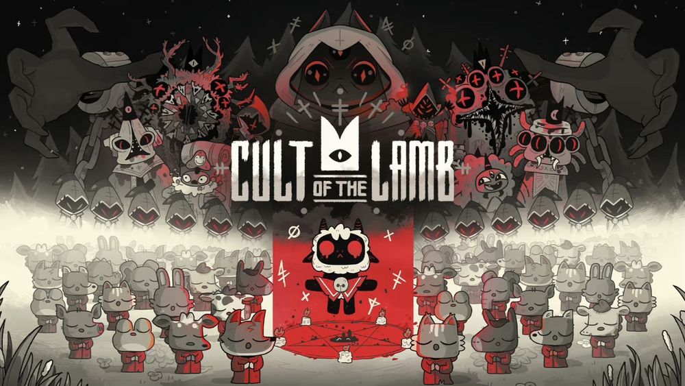 Cult of the Lamb promotional art for Nintendo Switch. The Lamb is floating in the center, surrounded by worshippers. Gods are above the Lamb and title text. 