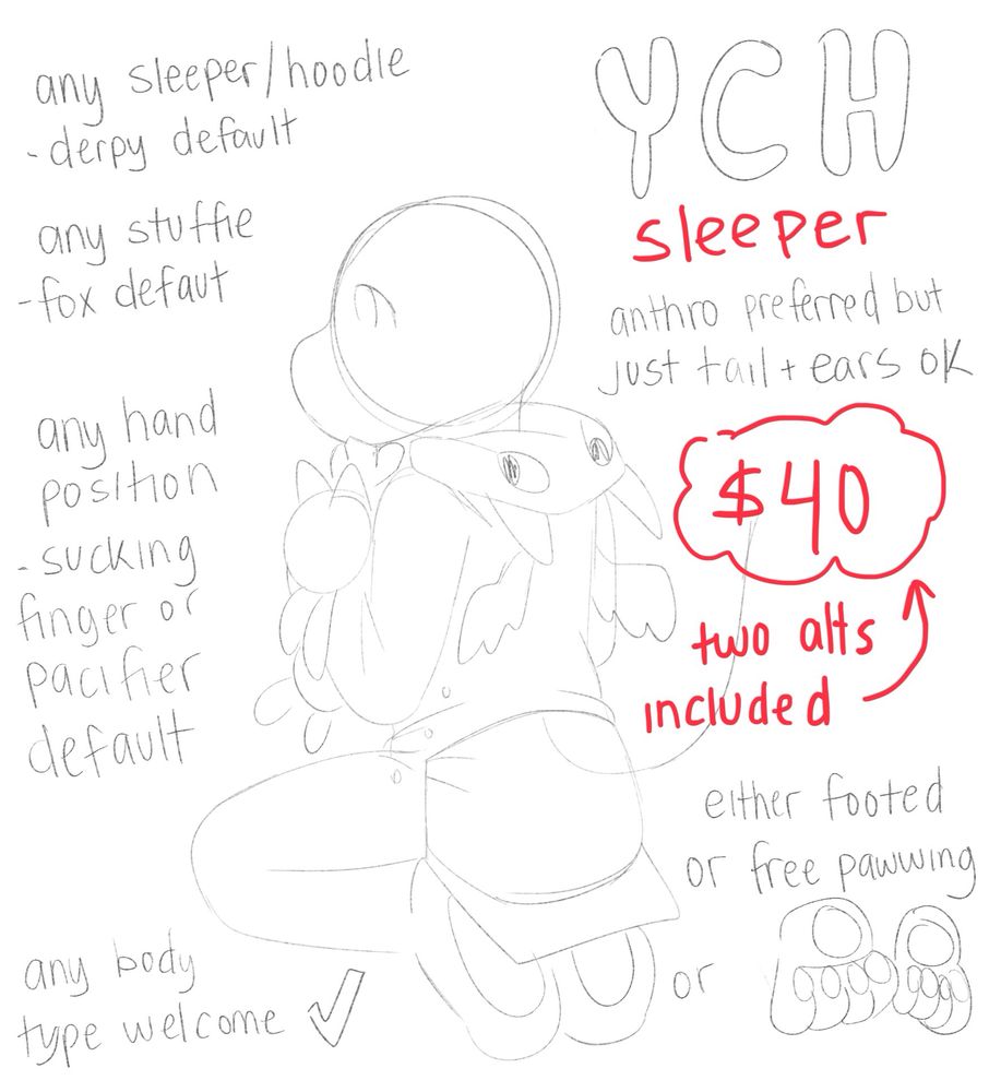 YCH Sleeper $40 wet/messy included

furry/anthro preferred but kemono/animal ears and tail is acceptable 

any sleeper/hoodie- derpy by default

any stuffed animal- fox jellycat by default

any hand positions- sucking finger/thumb/
pacifier by default 

footed pajamas or free pawing available (not as an alt)

any body type is welcome! the more simplified i can do the quicker it will be done