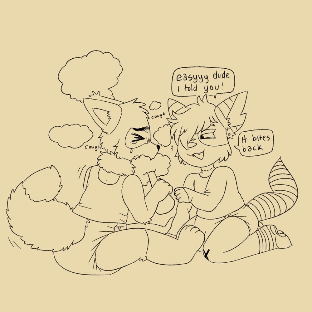 two characters smoking. the one holding the bong did a big hecking inhale and is now coughing a lot, tears down his face. the other laughs and tells him "easyyyy dude i told you, it bites back"