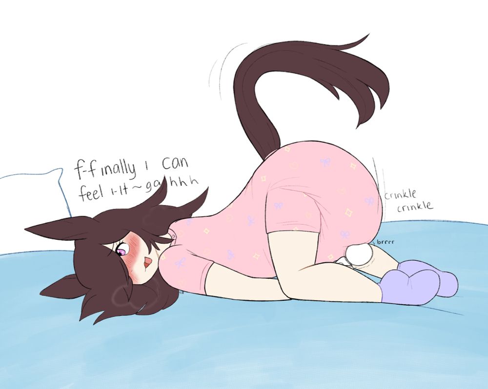 rice shower of horse girl fame, she's laying on a bed face down butt up, in a pink floral onesie and pastel purple socks. she's holding a vibrator on her big, bulky padding, crinkling as she humps on the device. "f-finally... i can feel i-it gahhh" she moans with a flushed, pleasured face