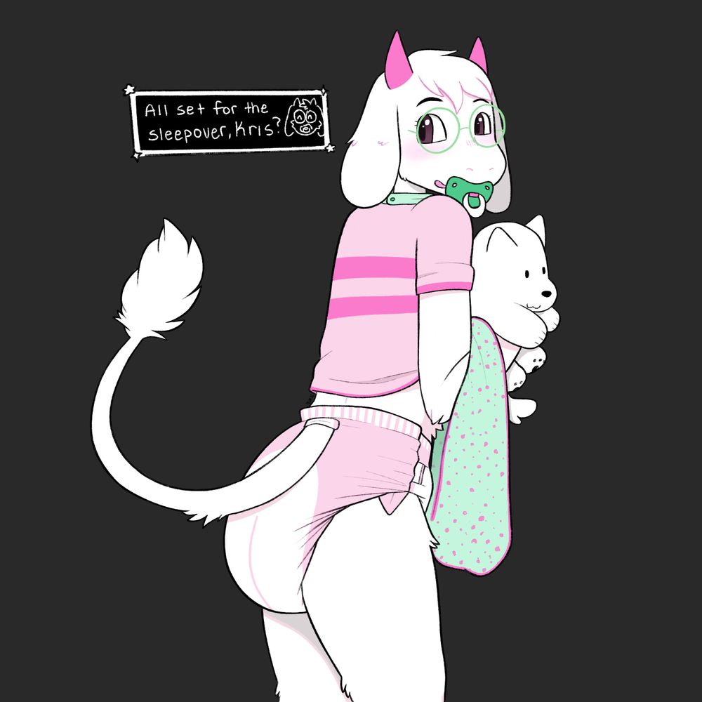Ralsei in pink pajamas, pink diaper, holding a blanket and an annoying dog plush faces the viewer with a pacifier in his mouth
"All set for the sleepover Kris?" he asks
his little sprite in the text box also has a pacifier in his mouth 