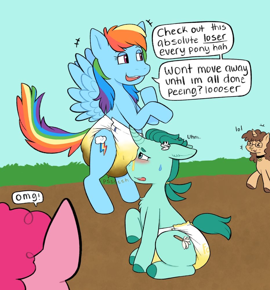 rainbow dash is midair midpiss while FC's pony has his face smushed against her diaper, also in a wet diaper. Rainbow explains "check out this absolute loser everypony, hahaha, won't move away until i'm all done peeing? looooser" my pony sona is seen laughing and pinkie pie is pogging in the foreground/background