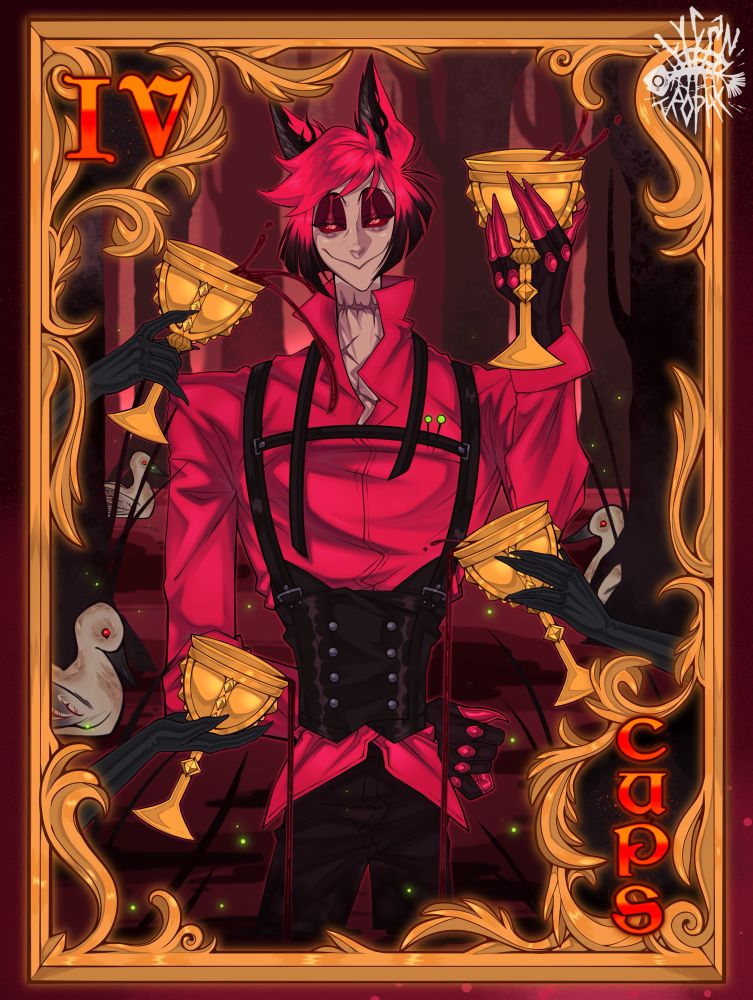 A thoth tarot card: the four of cups. Alastor is standing in a red lake, holding a chalice with wine or blood. Evil ducks are swimming in the background. He is smiling and has his bowtie loose around his neck.