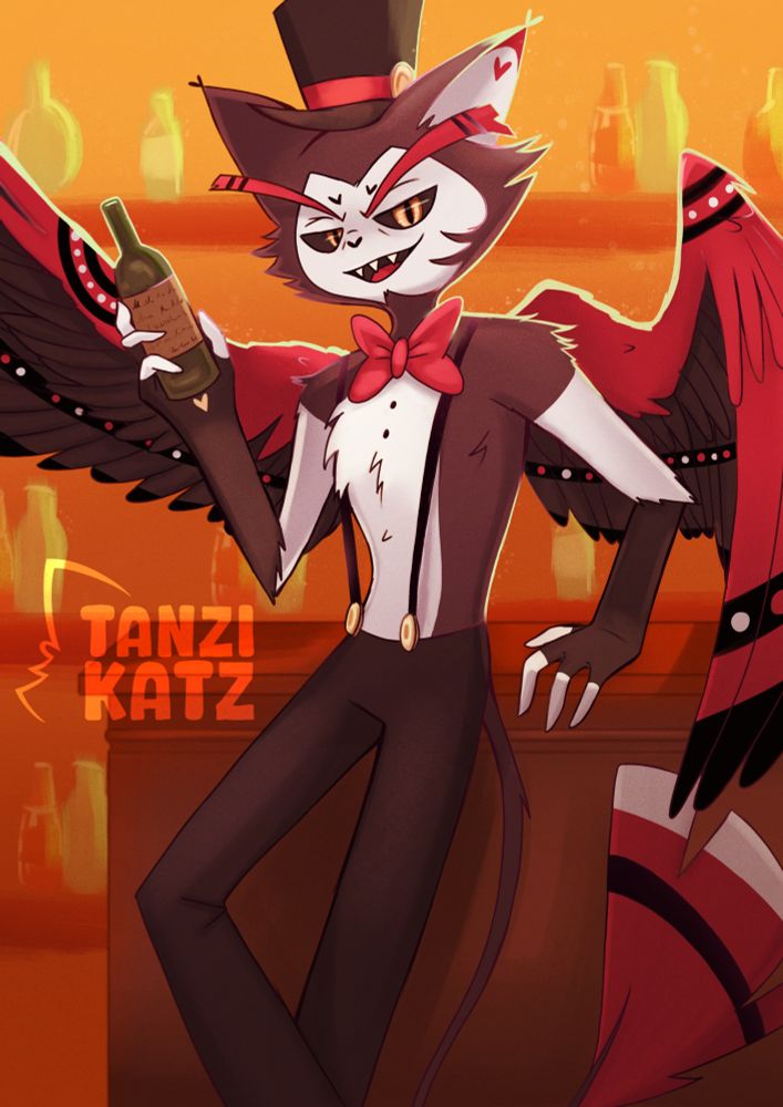 Drawing of Husk from Hazbin Hotel, holding a bottle and smiling at the observer