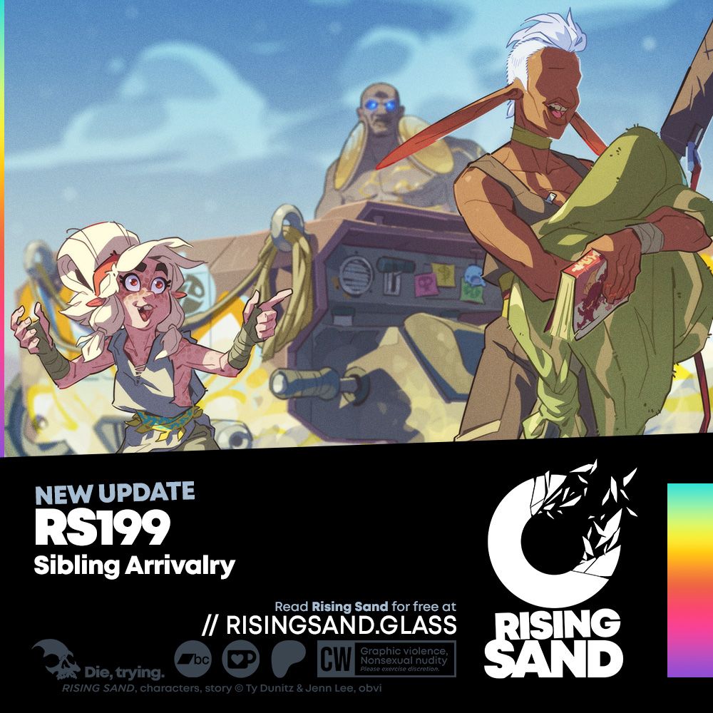 A promotional image for Rising Sand, wherein Dal and Crjth have an energetic conversation while Qeb looks on, forlorn, in the background.