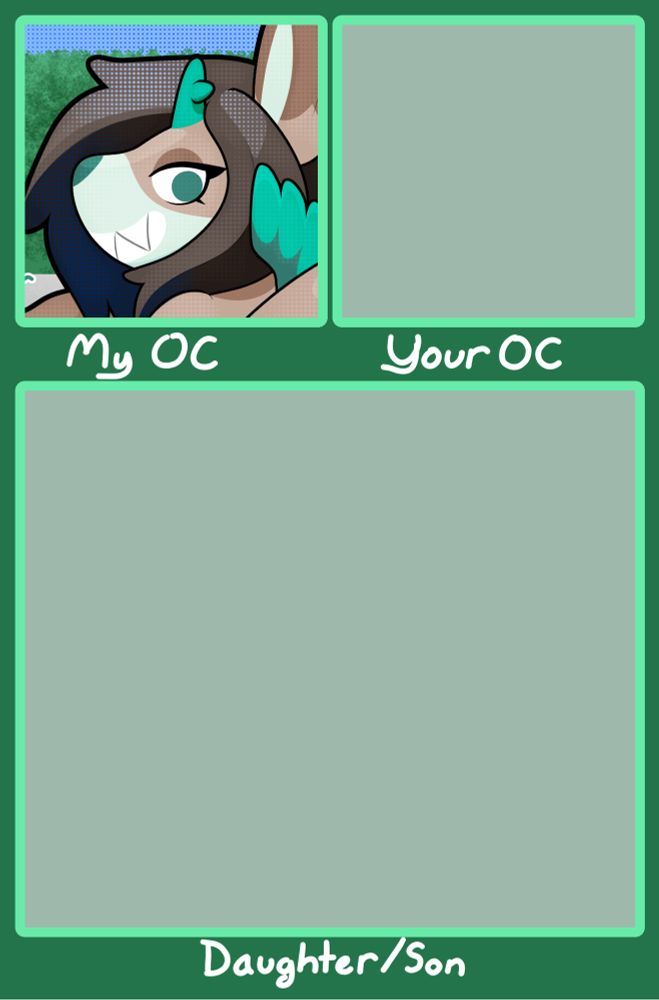 A fillable graphic with three panels: two smaller squares and a larger rectangle below. From left to right and top to bottom the panels are labeled “My OC”, “Your OC”, and “Daughter/Son” respectively. In the “My OC” square, Chai is filled in.