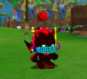 A screenshot of a Shadow Chao wearing the toy Saw Trap and looking very not amused.