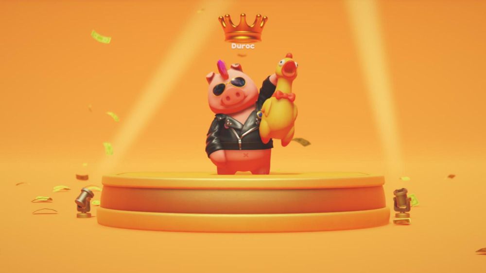 Screenshot from the video game Party Animals of a pig in a leather jacket and sunglasses holding up a rubber chicken 