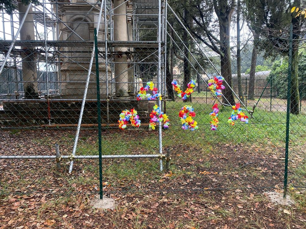 Ave Maria, seen on a fence in the local park. Behind the fence is a monument to war dead.  I don’t really get it.