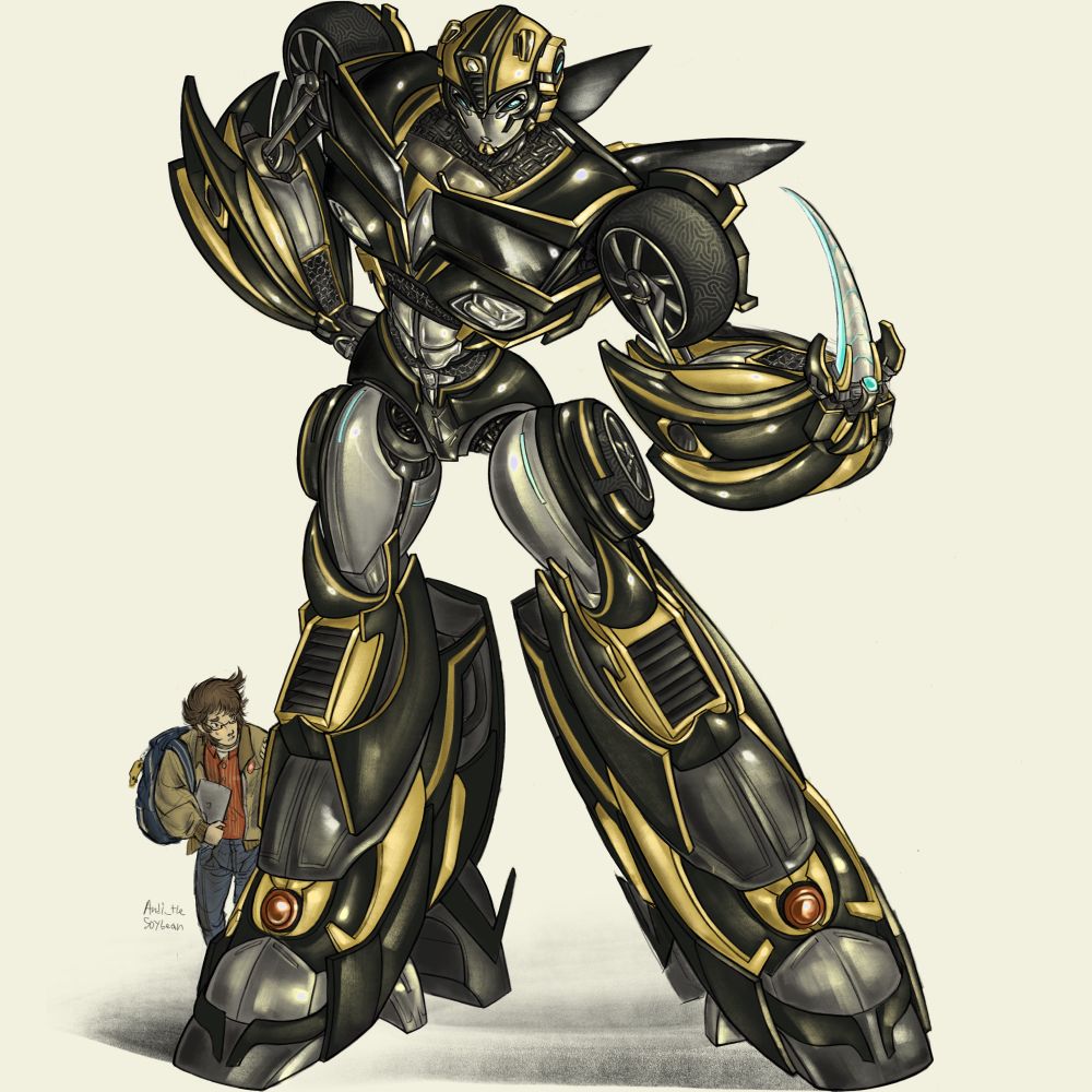 A digital drawing of TFP Bumblebee redesigned in my own style. She is posed with her right arm on her hip and his left with his stinger out. She has a serious expression on her face. Right next to her is a grown up version of Rafael looking concerned 