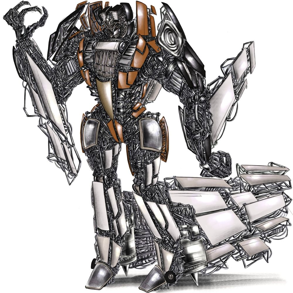 A digital artwork design of Starscream in my personal interpretation of her. She has a fairly exposed body that shows most of her inner metal (wiring and stuff) which is all rendered. She only has a couple platings around her body. She is posed slightly away from the viewer with her right sharp clawed hands curling upward. 