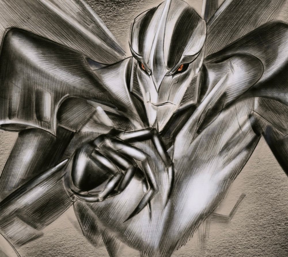 Starscream from transformers prime illustrated digitally. He has a slightly tense expression on his face, and his sharp hands are near him chin. The colors are mostly black white and grey with some red-ish orange in his iris.