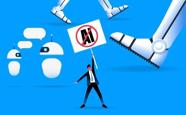 A blue background with robots walking and conversing in the background, while a human in a suit and tie stands in the foreground holding up a sign that says “No AI”