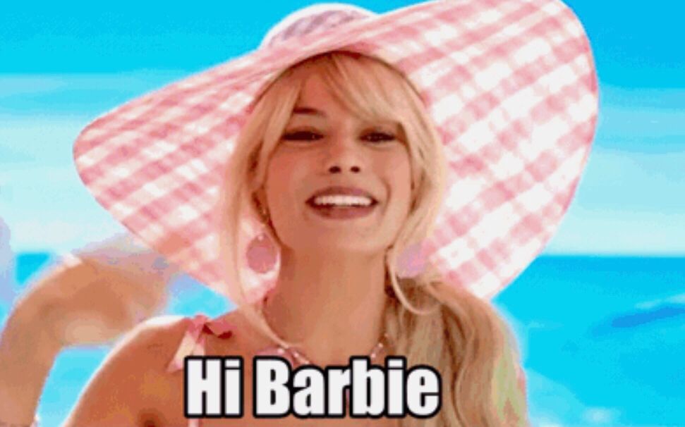 Margot Robbie as Barbie in a pink gingham floppy hat, waving and smiling, with the caption “Hi Barbie”