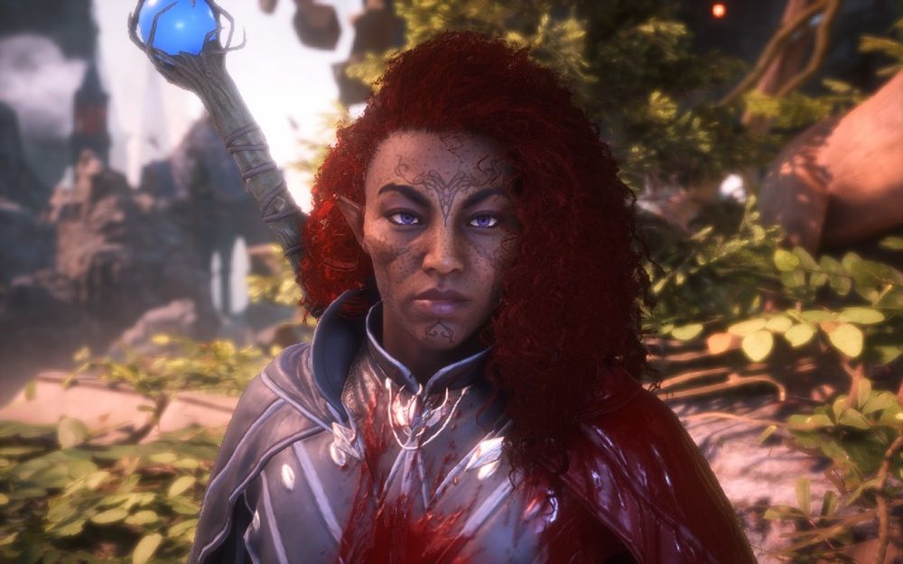 Elf Rook Revas Aldwir with a neutral expression. Revas has light brown freckled skin, purple eyes, a heck of a lot of dark red curly hair, and Ghilan'nain's vallaslin.