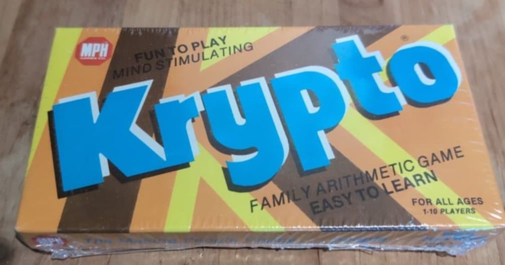 Card game named Krypto. Subtitles: Fun to play, mind stimulating, family arithmetic game, easy to learn. For all ages 1 to 16 players.