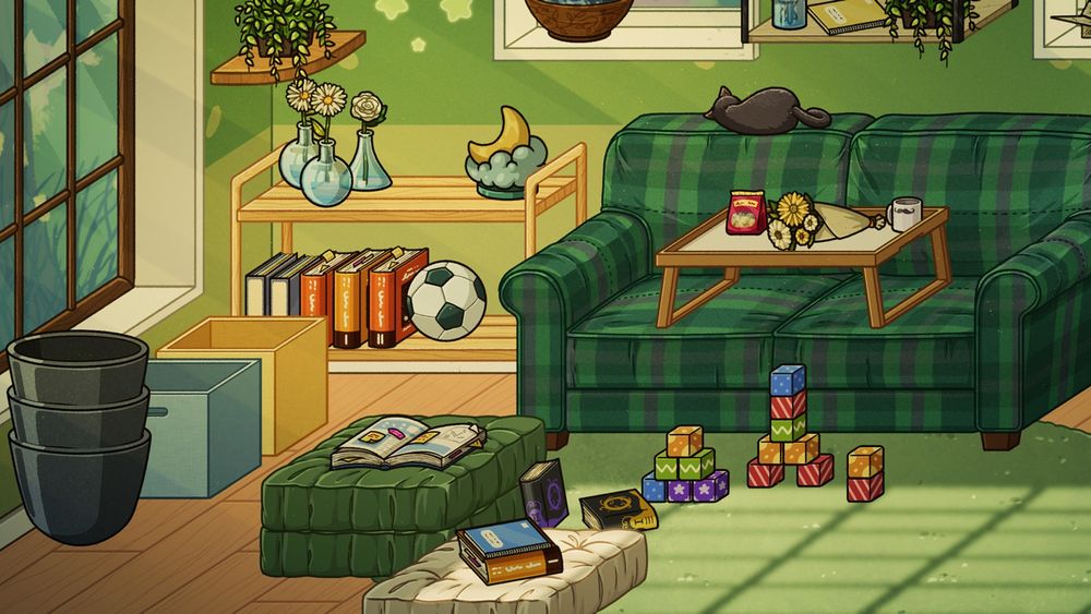 A lived-in, cozy room with cushions and books on the floor and a sleeping cat on the sofa