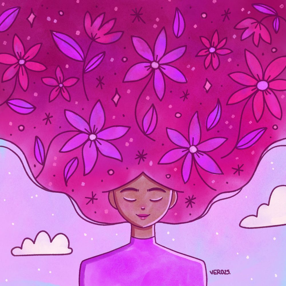 portrait of a lady with pink flowing upwards hair, she has pink flowers in her hair, and there are two white clouds in the soft pink background. 