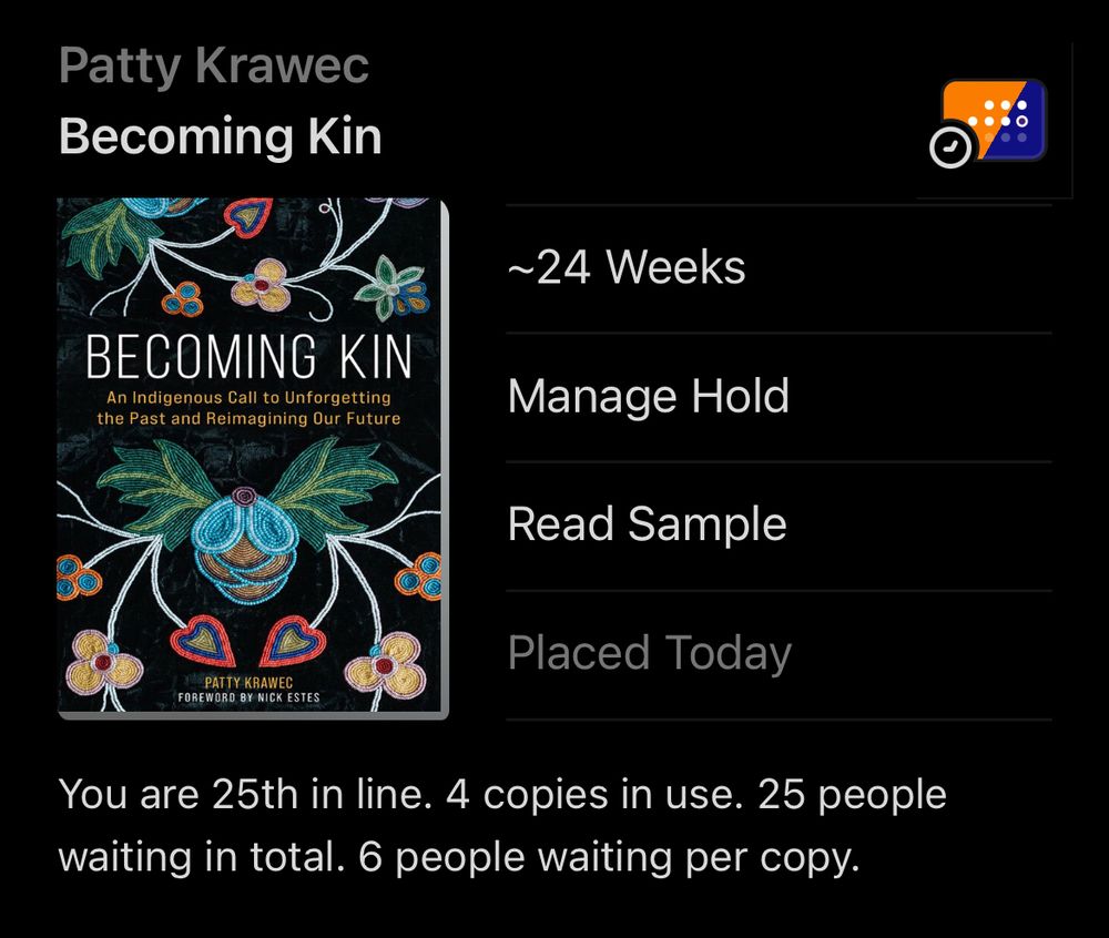 Screenshot of Libby app showing a 24 weeks to wait for Becoming Kin if you’re in the Twin Cities MN library system. Longest waiting list ever seen by the poster.