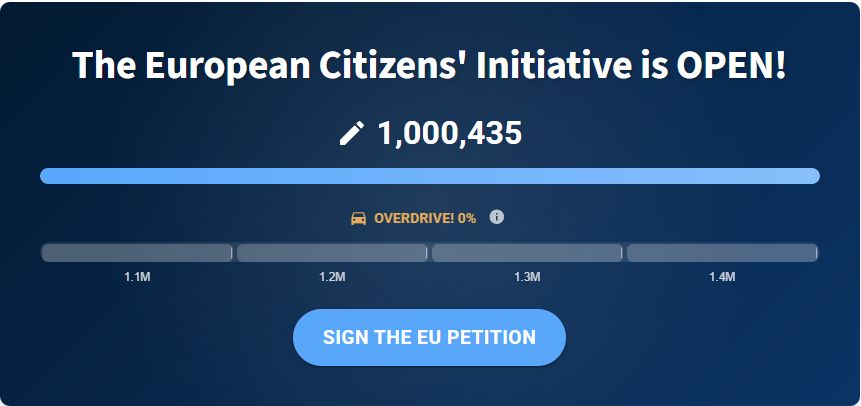 Screenshot of the Stop Killing Games' European Citizens' Initiative signature tracker reaching 1,000,435 signatures, a number over the target amount.

Below are the trackers for "Overdrive" targets at 1.1 million, 1.2 million, 1.3 million, and 1.4 million respectively

Below the button: Sign the EU Petition
