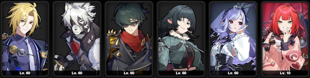 A character line-up from Zenless Zone Zero from left to right:

Hugo Vlad level 60 - pale vampire-looking blonde man with blue and red heterochromia wearing a blue suit

Lycaon level 60 - anthropomorphic white male wolf with an eyepatch wearing a white suit under a dark vest

Lighter level 60 - dark hair male wearing sunglasses and a biker jacket with spikes

Jane Doe level 60 - dark hair woman with rat ears wearing a crop top jacket with a fishnet shirt

Vivian level 60 - pale vampire-looking purple-haired woman with red eyes wearing a dark and white dress and wielding a purple umbrella 

Yuzuha level 10 - red-haired woman wearing a pink sweater and wielding a red umbrella 