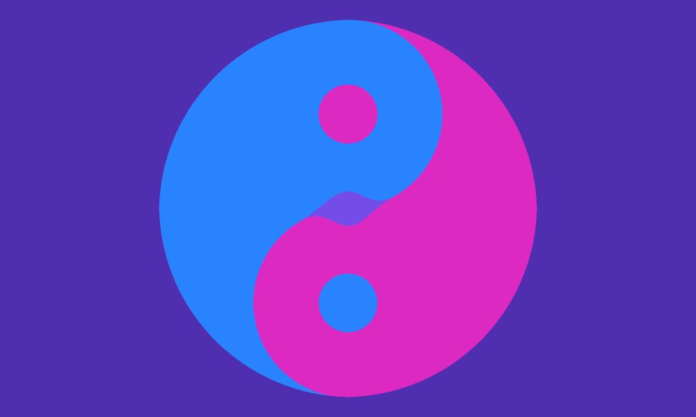 A pink and blue yin-yang symbol with a purple "tear" in the middle, surrounded by a slightly darker purple