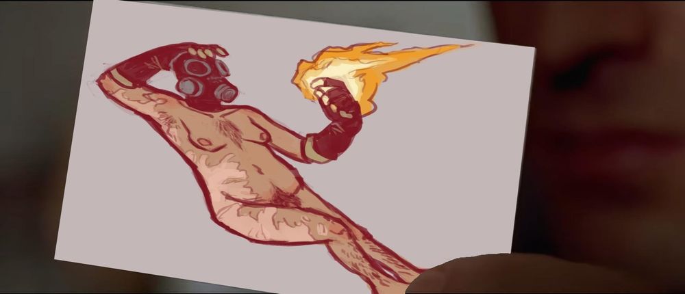 Paul Allen holding up an image of a naked Pyro. Drawn by defunct Tumblr page orgasmosaur. 