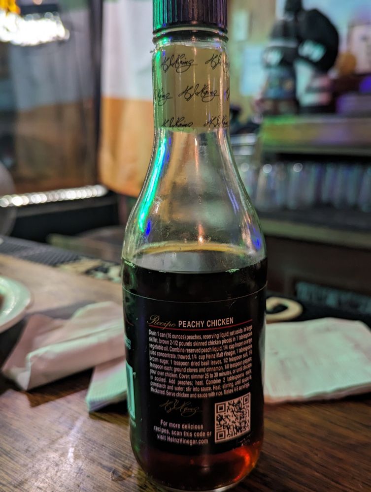 A bottle of Heinz malt vinegar's Peachy Chicken Recipe