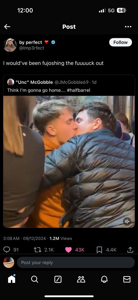 a screenshot from twitter. a user quoted “i would’ve fujoshing the fuck out” of a tweet with a video of two guys one in black bubble jacket making out with a guy in orange sweatshirt.