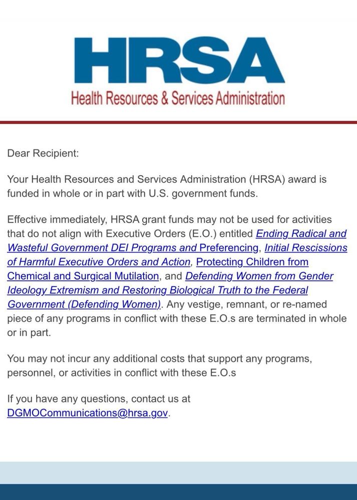 A screenshot of an email sent to Federally Qualified Health Centers demanding that they comply with Trump’s discriminatory Executive Orders against DEI and trans people or put their funding at risk. 