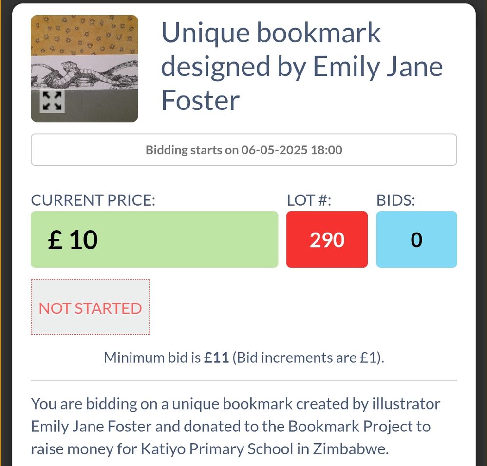 A screen shot showing lot no. 290, the reading floof dragon bookmark designed by Emily Jane Foster. 