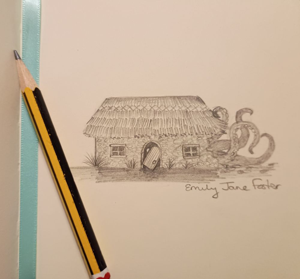 A photograph of a yellow and black striped pencil resting on a sketchbook page with a light blue ribbon. The pencil illustration is of a crumbling cottage with stony walls and a thatched roof that looks like it was abandoned by its makers long ago. Not all inhabitants have left though...an eye peers from the darkness behind the tilted, broken door and shadowy tentacles can be seen emerging from the rubble of the collapsed wall on the right side of the page. Art by Emily Jane Foster 