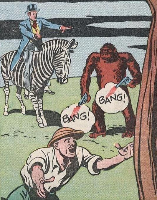 A Mandrake like character with top hat mounted on a zebra apparently commands a chimpanzee (or poorly drawn gorilla) to shoot a hunter using two revolvers