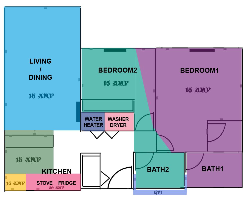 An imperfectly scaled map of my apartment showing 9 colored zones that correspond to different electric circuits.