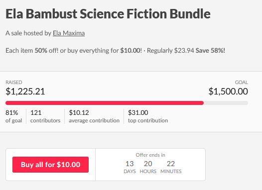 cover for the Ela Bmabust Science Fiction Bundle, showing everything being 50% off or getting it for $10 (which is even cheaper). 
We're at 1225 out of the 1500 dollar goal, which is huge!! 