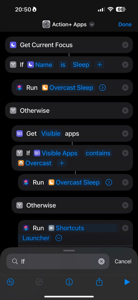 Screenshot der Shortcut-App mit einer Aktion, welche die aktuell geöffnete App erkennt. 