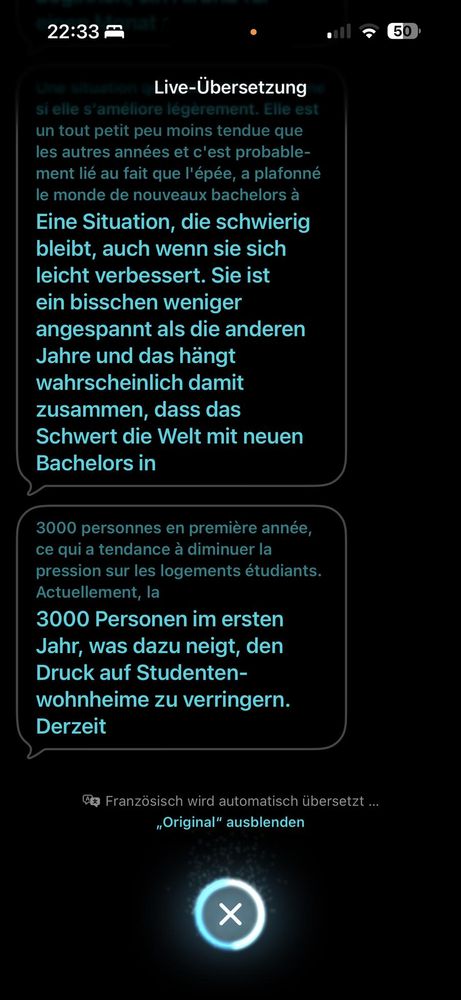 Die neue Live-Übersetzung von iOS 26 mit AirPods Pro kurz getestet und etwas französischsprachiges Fernsehen geschaut. Zum Teil überraschend gut und hilfreich, und teilweise etwas verwirrt durch schnelle und durchmischte Sprecher.