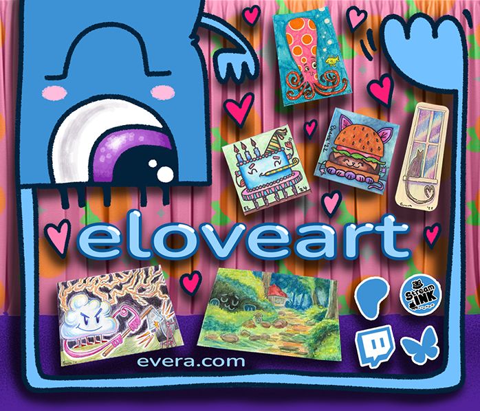  image of a smiling, blue, cyclops character waving a very long arm that is surrounding a bunch of art. there are 6 pieces of art (a cloud grinding an axe, a forest scene, a birthday cake ballerina, a catburger, an octopus talking to a fish, and a cat in a window looking at aurora borealis), hearts, and 4 social media icons.