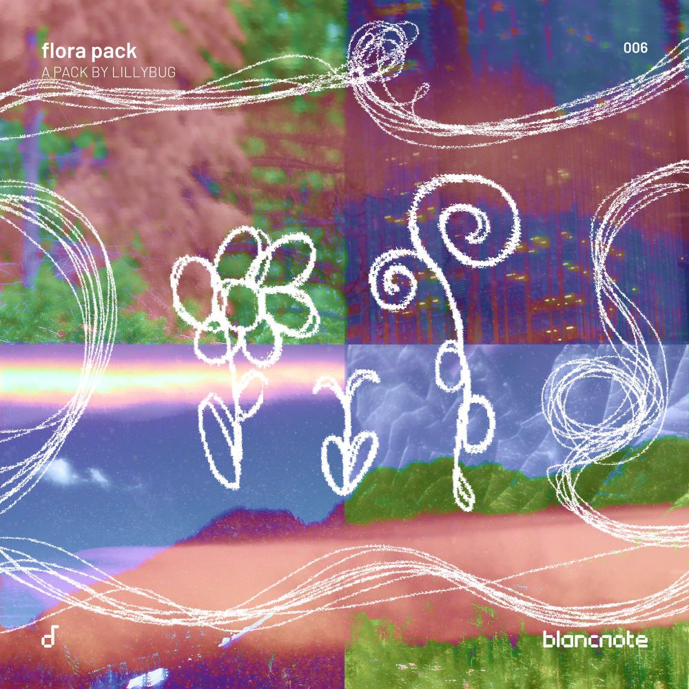 "flora pack; a pack by lillybug"
An array of green, blue, purple and pink photos of landscapes and greenery overlayed with a white minimalist sketch of flowers and swirling embellishments