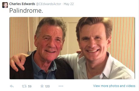 Tweet reads:
"Palindrome."
The accompanying picture is a selfie of Charles with his arm around Michael Palin. Michael had gone to see Charles perform in Blithe Spirit.