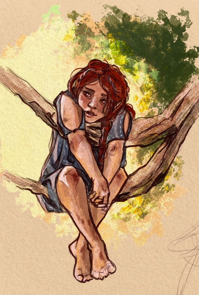 colour sketch of awbonee as a kid, sitting on a tree branch